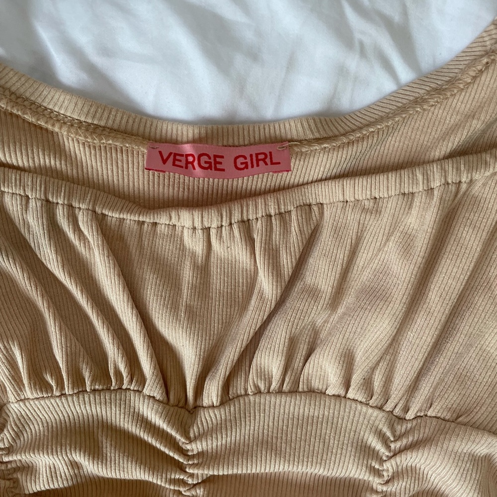 Verge girl ruched nude mini dress, off shoulder - Picture 4 of 5